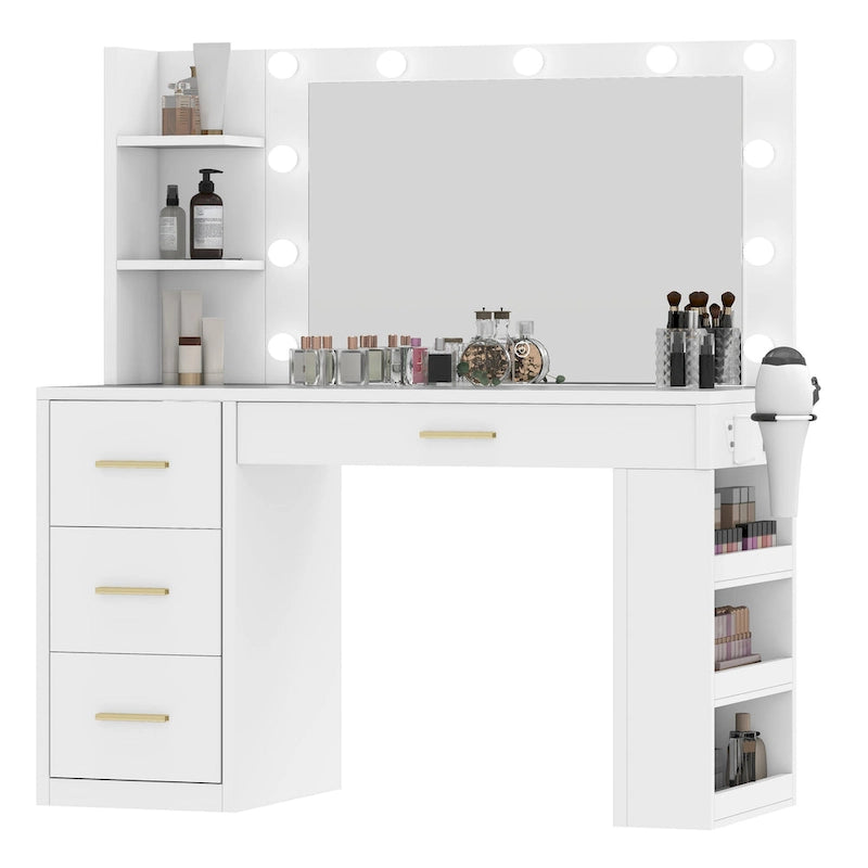 Coiffeuse Moasis 39,5 W pour chambre à coucher avec miroir, prises électriques et support pour sèche-cheveux