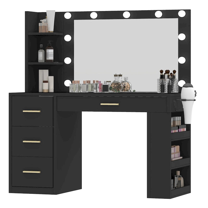 Coiffeuse Moasis 39,5 W pour chambre à coucher avec miroir, prises électriques et support pour sèche-cheveux