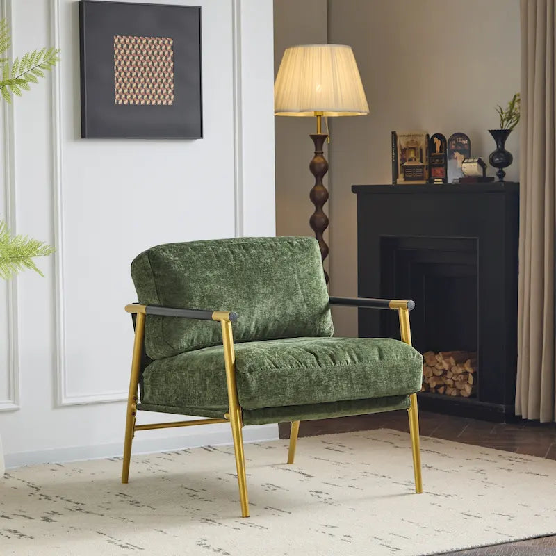 Fauteuil d'appoint moderne avec coussins moelleux, structure métallique minimaliste et accoudoirs en bois.