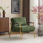 Fauteuil d'appoint moderne avec coussins moelleux, structure métallique minimaliste et accoudoirs en bois.