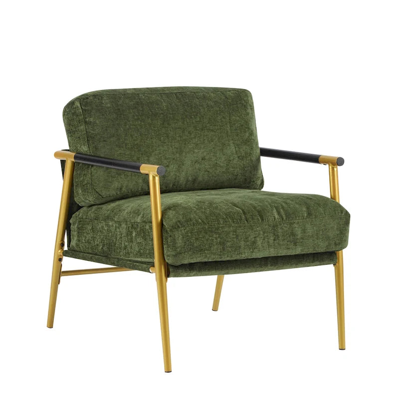 Fauteuil d'appoint moderne avec coussins moelleux, structure métallique minimaliste et accoudoirs en bois.