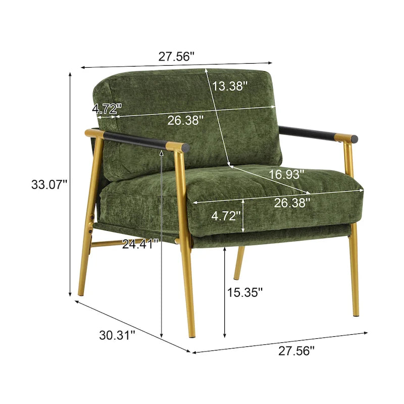 Fauteuil d'appoint moderne avec coussins moelleux, structure métallique minimaliste et accoudoirs en bois.