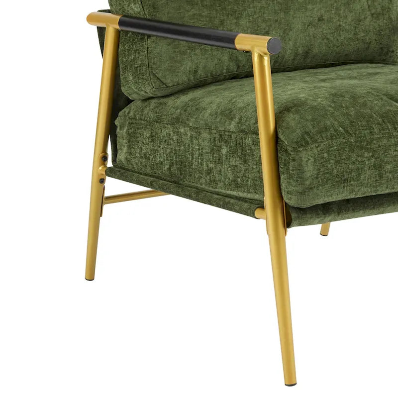 Fauteuil d'appoint moderne avec coussins moelleux, structure métallique minimaliste et accoudoirs en bois.