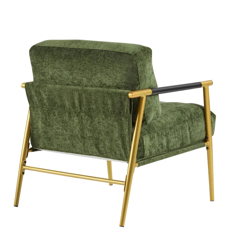 Fauteuil d'appoint moderne avec coussins moelleux, structure métallique minimaliste et accoudoirs en bois.
