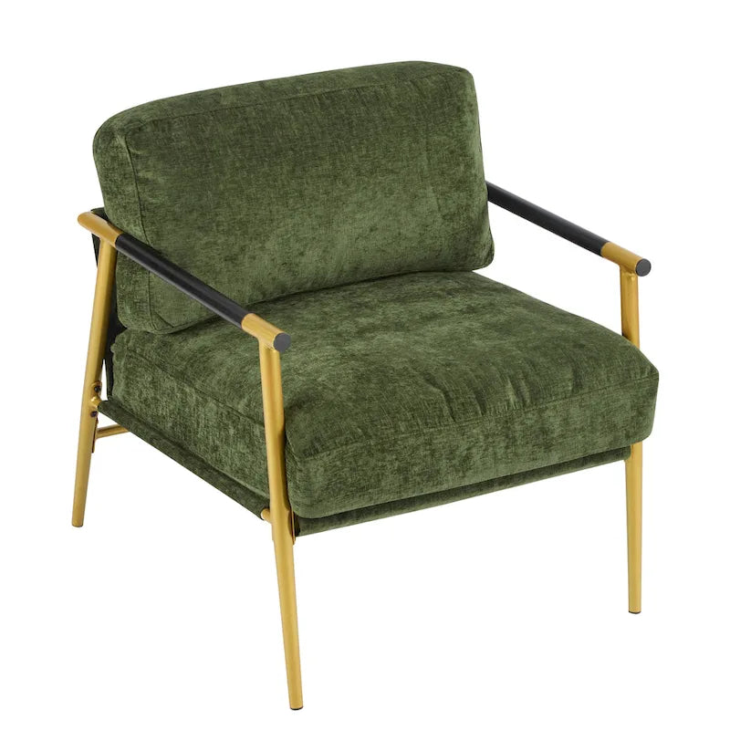 Fauteuil d'appoint moderne avec coussins moelleux, structure métallique minimaliste et accoudoirs en bois.