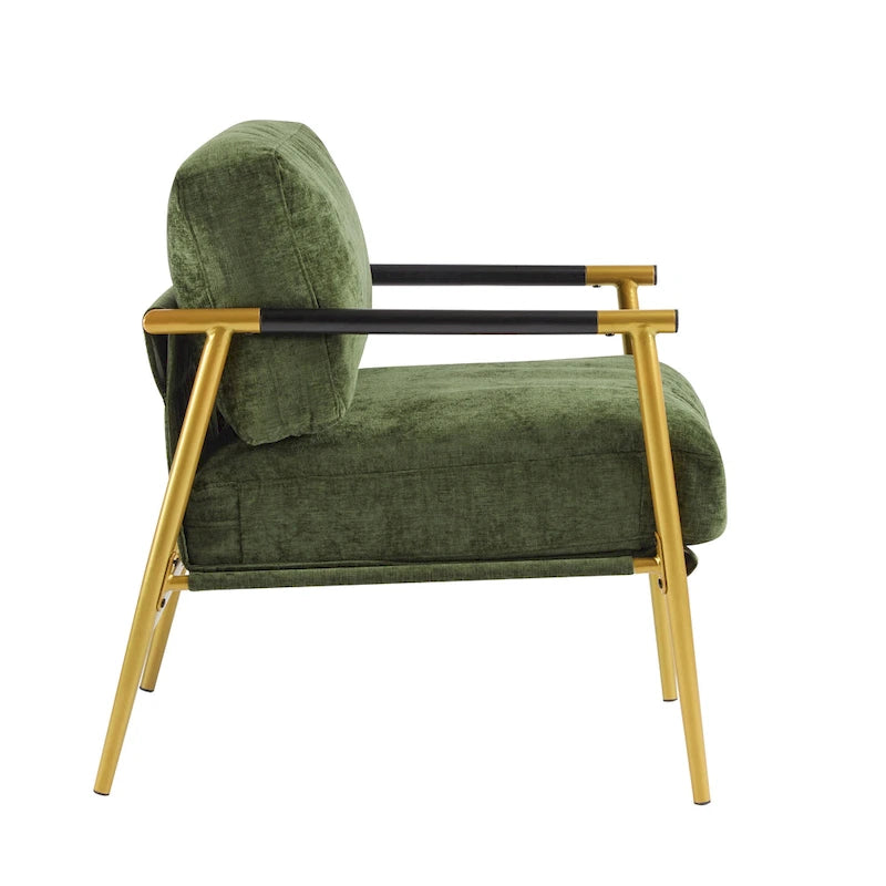 Fauteuil d'appoint moderne avec coussins moelleux, structure métallique minimaliste et accoudoirs en bois.
