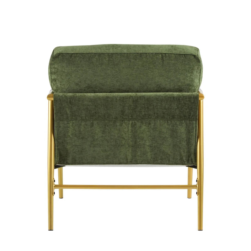 Fauteuil d'appoint moderne avec coussins moelleux, structure métallique minimaliste et accoudoirs en bois.