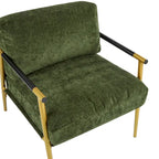 Fauteuil d'appoint moderne avec coussins moelleux, structure métallique minimaliste et accoudoirs en bois.