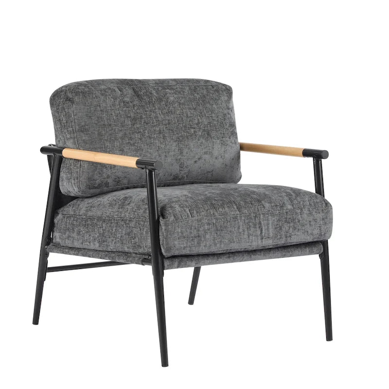 Fauteuil d'appoint moderne avec coussins moelleux, structure métallique minimaliste et accoudoirs en bois.
