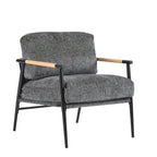 Fauteuil d'appoint moderne avec coussins moelleux, structure métallique minimaliste et accoudoirs en bois.
