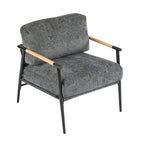 Fauteuil d'appoint moderne avec coussins moelleux, structure métallique minimaliste et accoudoirs en bois.