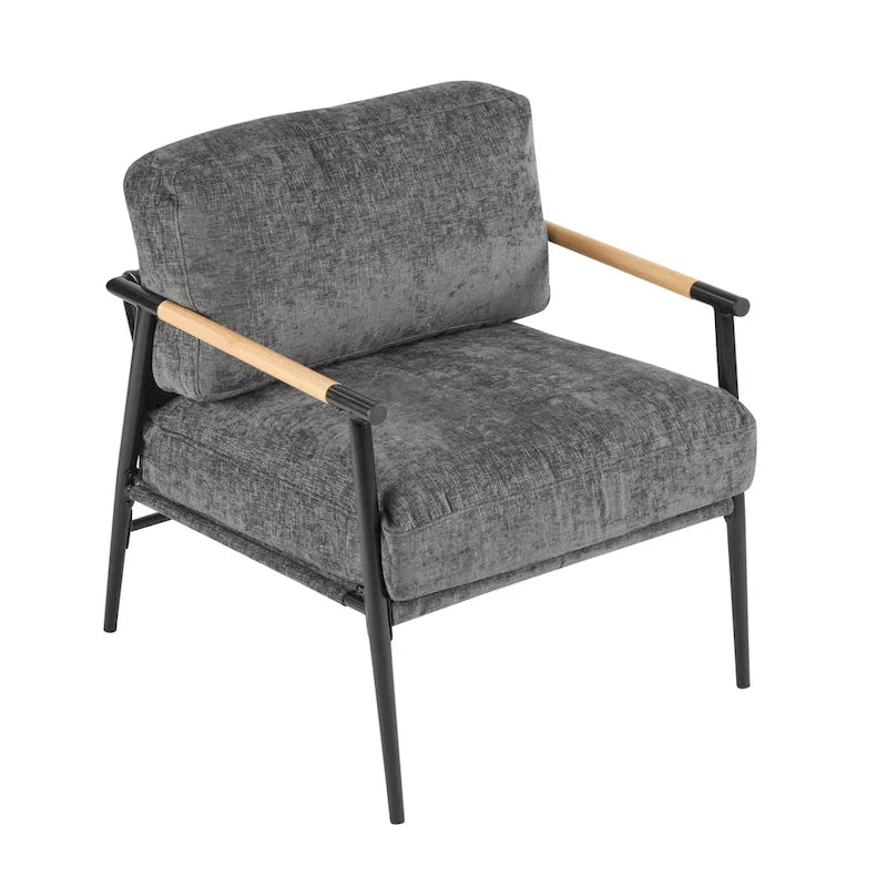 Fauteuil d'appoint moderne avec coussins moelleux, structure métallique minimaliste et accoudoirs en bois.