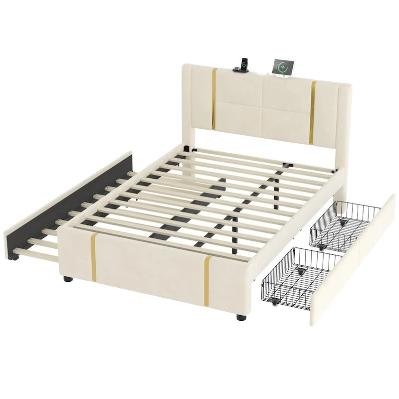 Lit plateforme en velours Queen avec 2 tiroirs, port USB et veilleuse