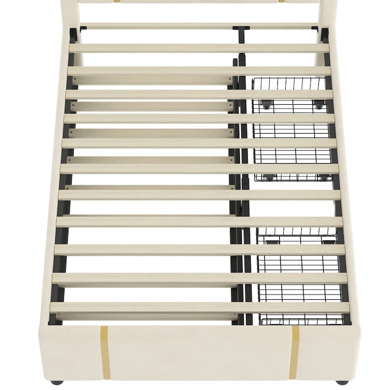 Lit plateforme en velours Queen avec 2 tiroirs, port USB et veilleuse