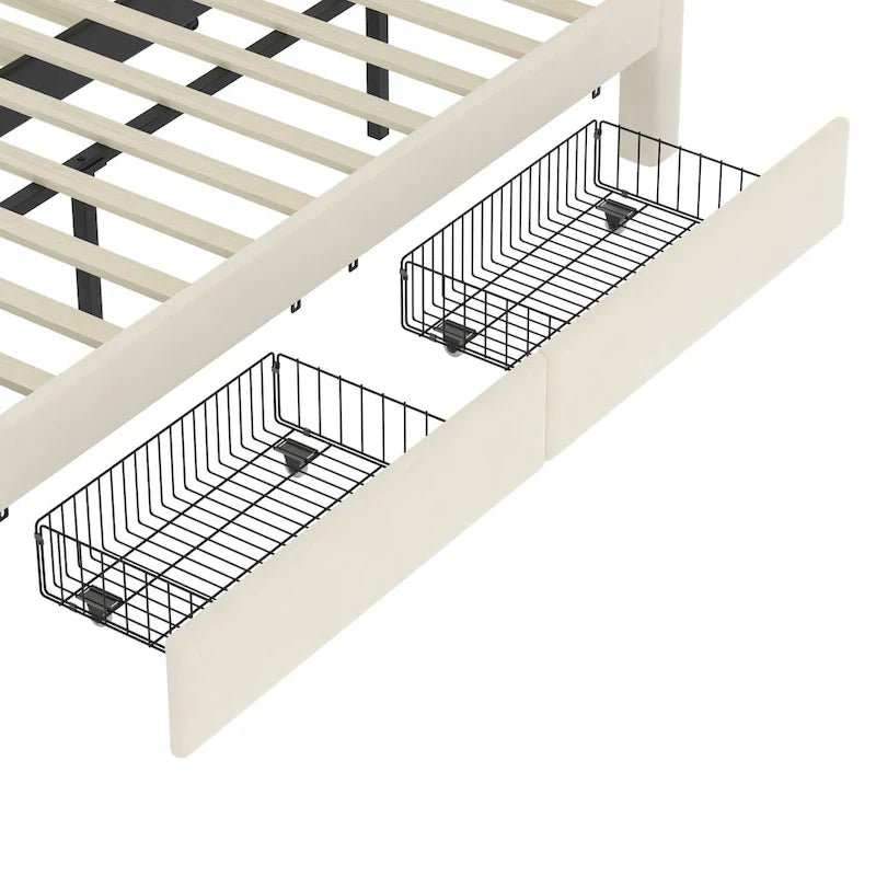 Lit plateforme en velours Queen avec 2 tiroirs, port USB et veilleuse