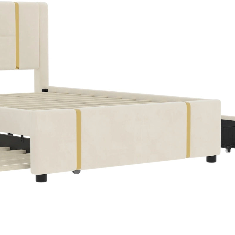 Lit plateforme en velours Queen avec 2 tiroirs, port USB et veilleuse