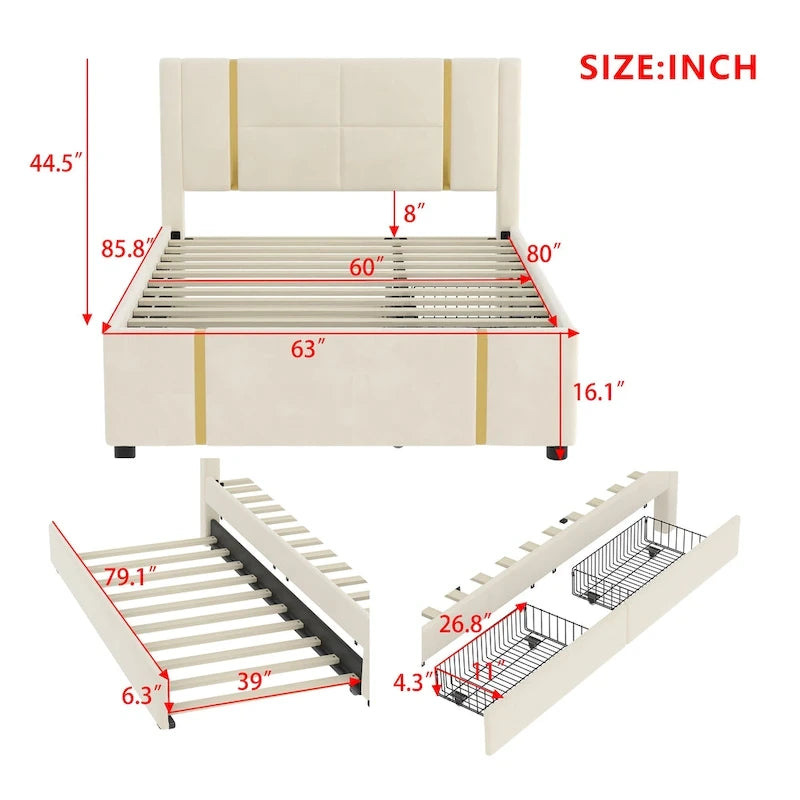 Lit plateforme en velours Queen avec 2 tiroirs, port USB et veilleuse