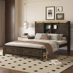 Queen Wood Platform Bed with 8 Shelves, 2 Drawers, Barn Door LED Design & USB
