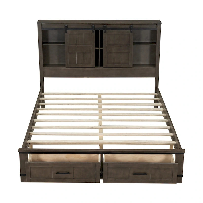 Lit plateforme en bois Queen avec 8 étagères, 2 tiroirs, design de porte de grange avec éclairage LED et port USB