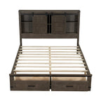 Lit plateforme en bois Queen avec 8 étagères, 2 tiroirs, design de porte de grange avec éclairage LED et port USB