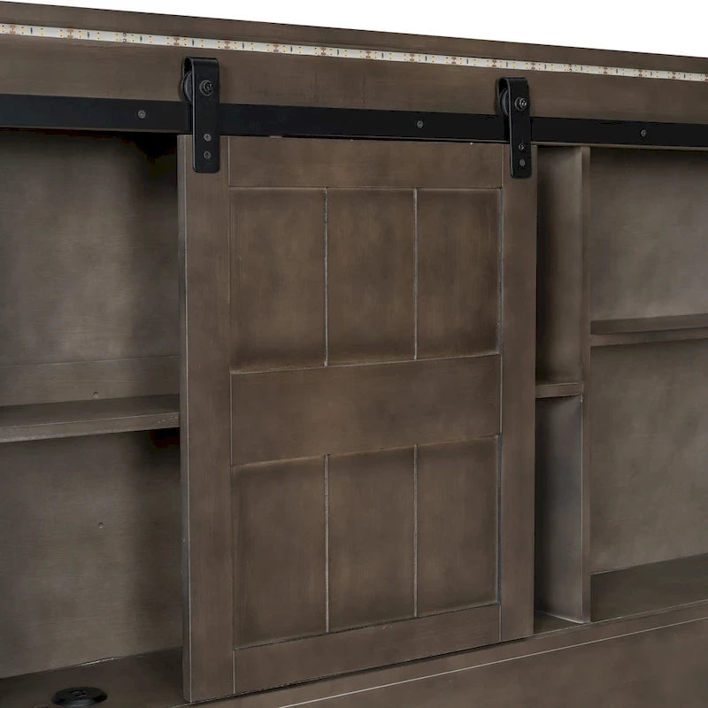 Lit plateforme en bois Queen avec 8 étagères, 2 tiroirs, design de porte de grange avec éclairage LED et port USB