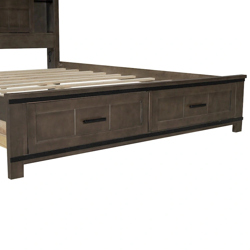 Lit plateforme en bois Queen avec 8 étagères, 2 tiroirs, design de porte de grange avec éclairage LED et port USB