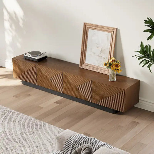 Meuble TV moderne du milieu du siècle 78,74, avec placage en bois massif brun, console multimédia avec 4 placards