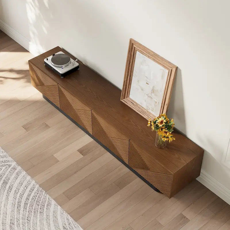 Meuble TV moderne du milieu du siècle 78,74, avec placage en bois massif brun, console multimédia avec 4 placards