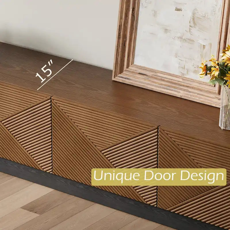 Meuble TV moderne du milieu du siècle 78,74, avec placage en bois massif brun, console multimédia avec 4 placards