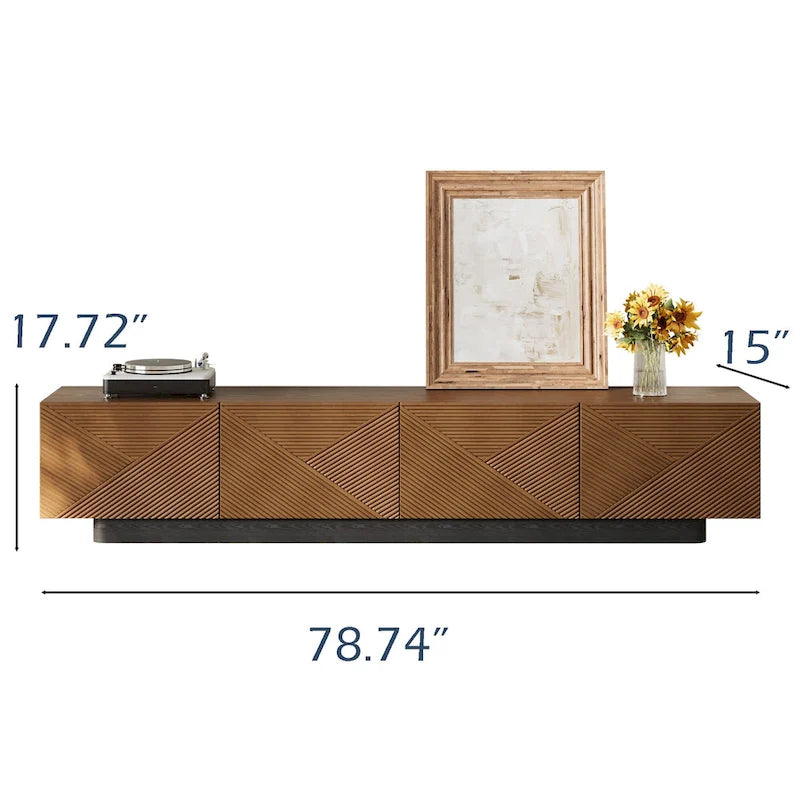 Meuble TV moderne du milieu du siècle 78,74, avec placage en bois massif brun, console multimédia avec 4 placards