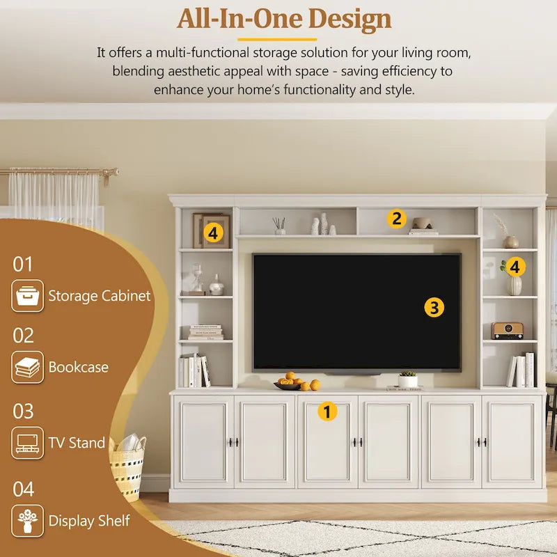 Ensemble de meuble TV mural 4 pièces avec support pour téléviseurs jusqu'à 70 pouces, meuble TV avec étagères réglables, grande console multimédia