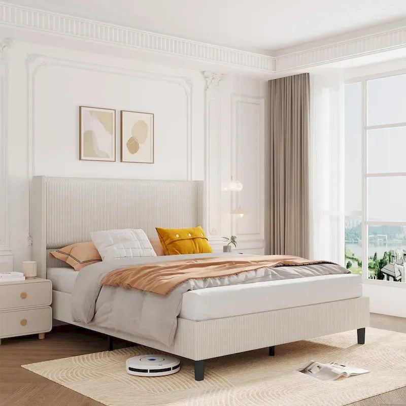 Cadre de lit en velours côtelé capitonné, cadre de lit avec tête de lit à oreilles