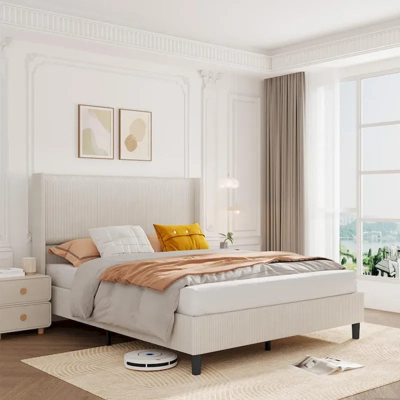 Upholstered Corduroy Bed Frame, Bed Frame with Wingback Headboard