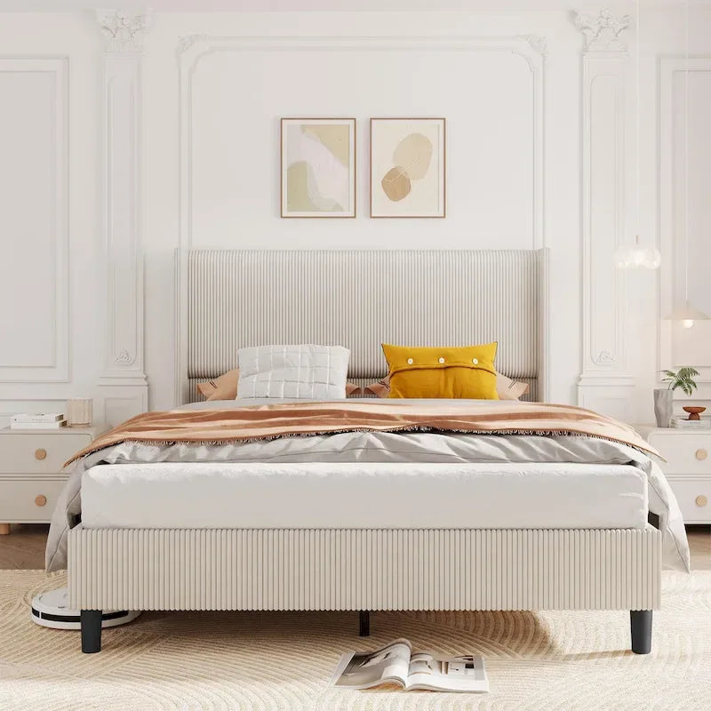 Cadre de lit en velours côtelé capitonné, cadre de lit avec tête de lit à oreilles