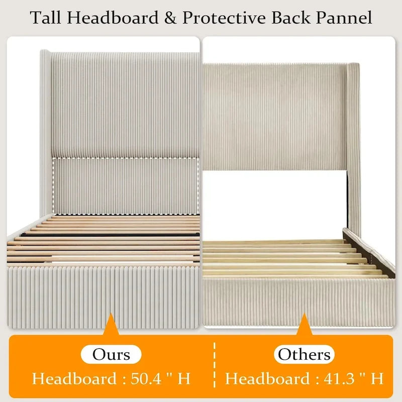 Cadre de lit en velours côtelé capitonné, cadre de lit avec tête de lit à oreilles