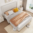 Cadre de lit en velours côtelé capitonné, cadre de lit avec tête de lit à oreilles