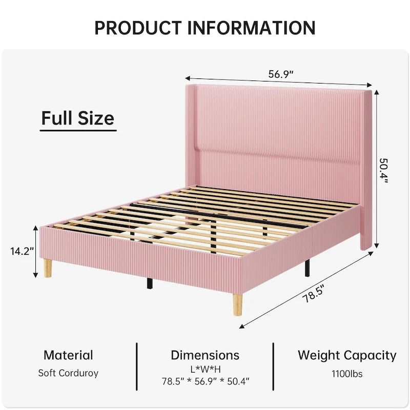 Cadre de lit en velours côtelé capitonné, cadre de lit avec tête de lit à oreilles