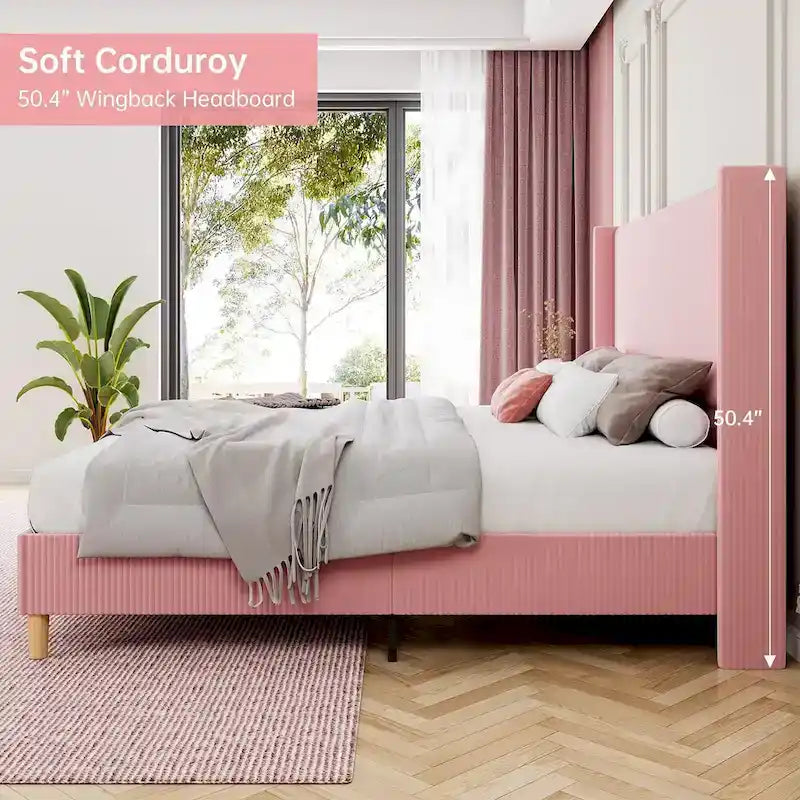 Cadre de lit en velours côtelé capitonné, cadre de lit avec tête de lit à oreilles