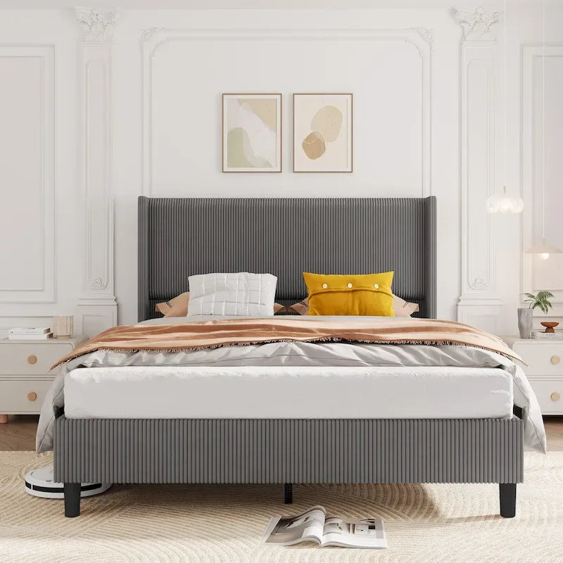 Cadre de lit en velours côtelé capitonné, cadre de lit avec tête de lit à oreilles