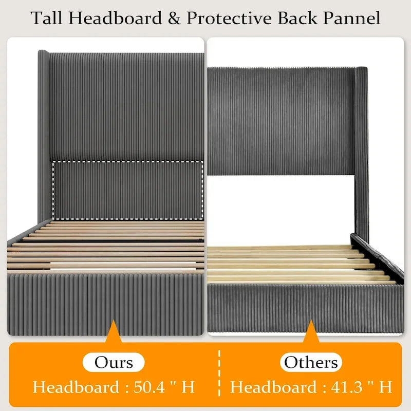 Cadre de lit en velours côtelé capitonné, cadre de lit avec tête de lit à oreilles