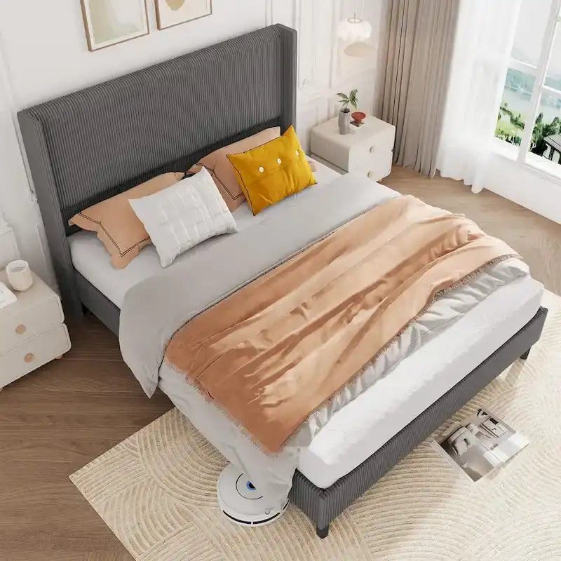 Cadre de lit en velours côtelé capitonné, cadre de lit avec tête de lit à oreilles