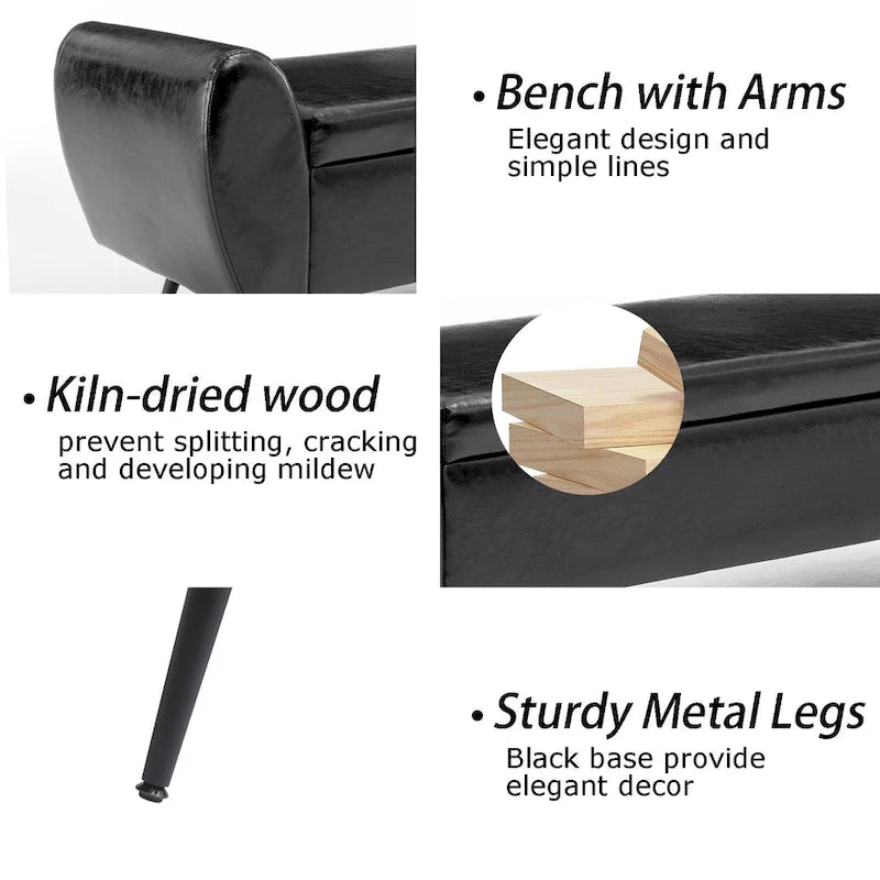 Banquette de rangement capitonnée à couvercle rabattable de 56 po avec accoudoirs