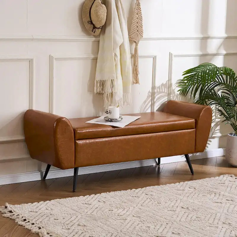 Banquette de rangement capitonnée à couvercle rabattable de 56 po avec accoudoirs