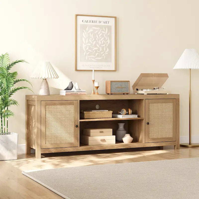 Meuble TV en rotin pour écran 65 pouces, style bohème, avec rangements et portes - 65 pouces