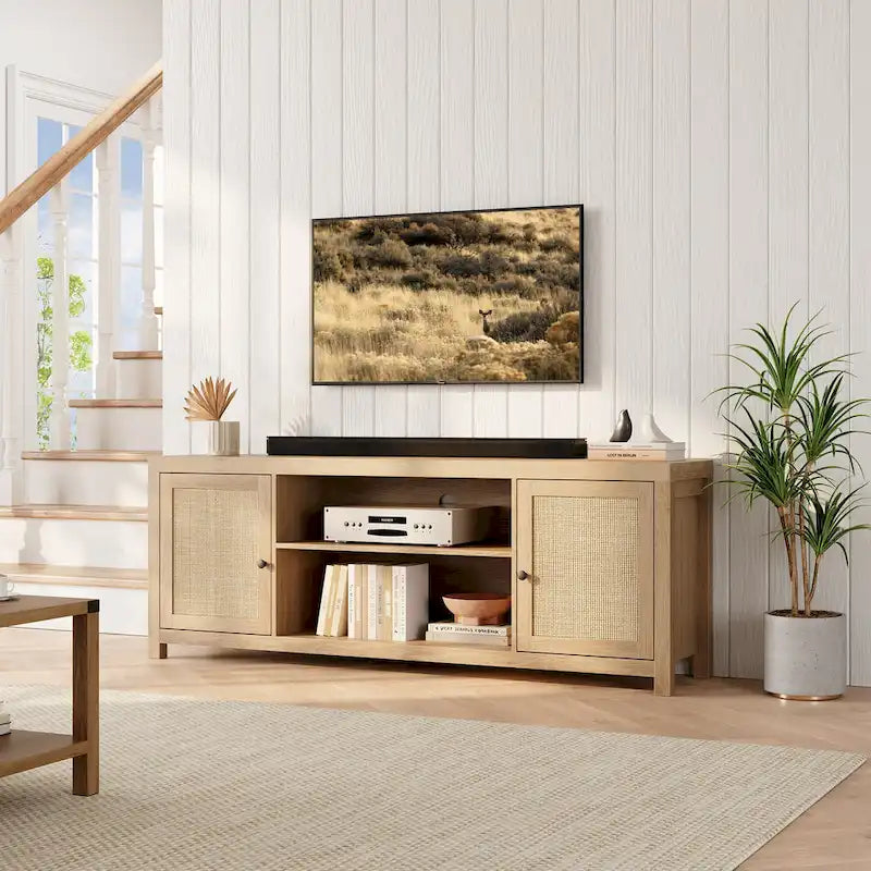 Meuble TV en rotin pour écran 65 pouces, style bohème, avec rangements et portes - 65 pouces