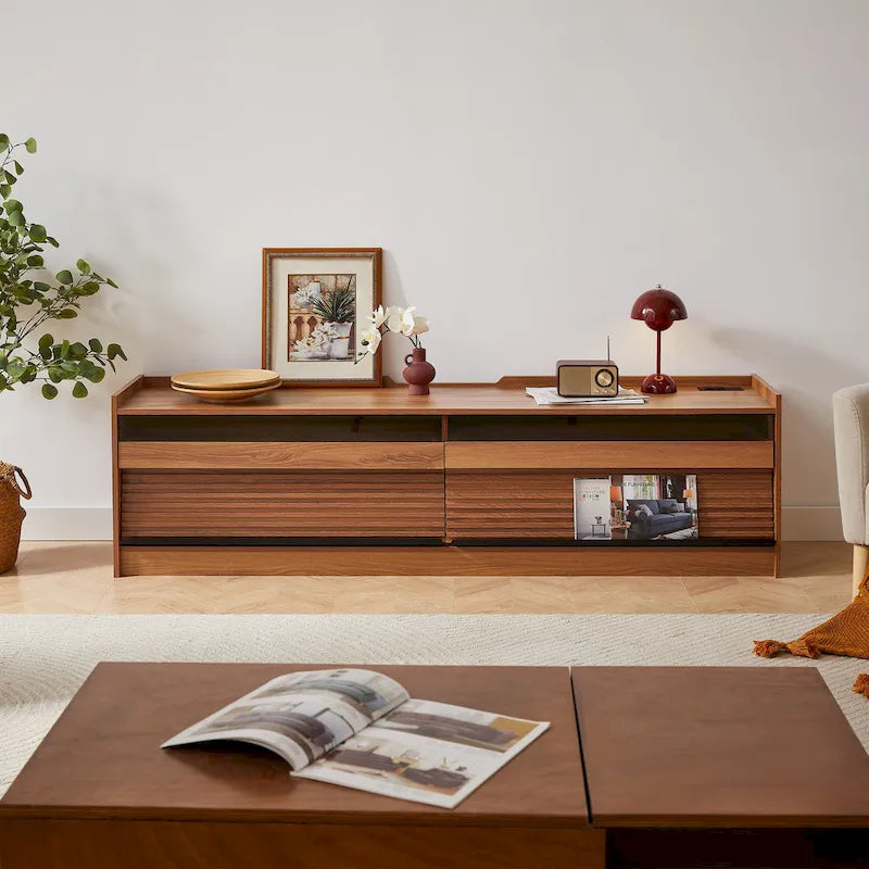 Meuble TV moderne avec tiroirs, ports de chargement intégrés et éclairage LED d'ambiance