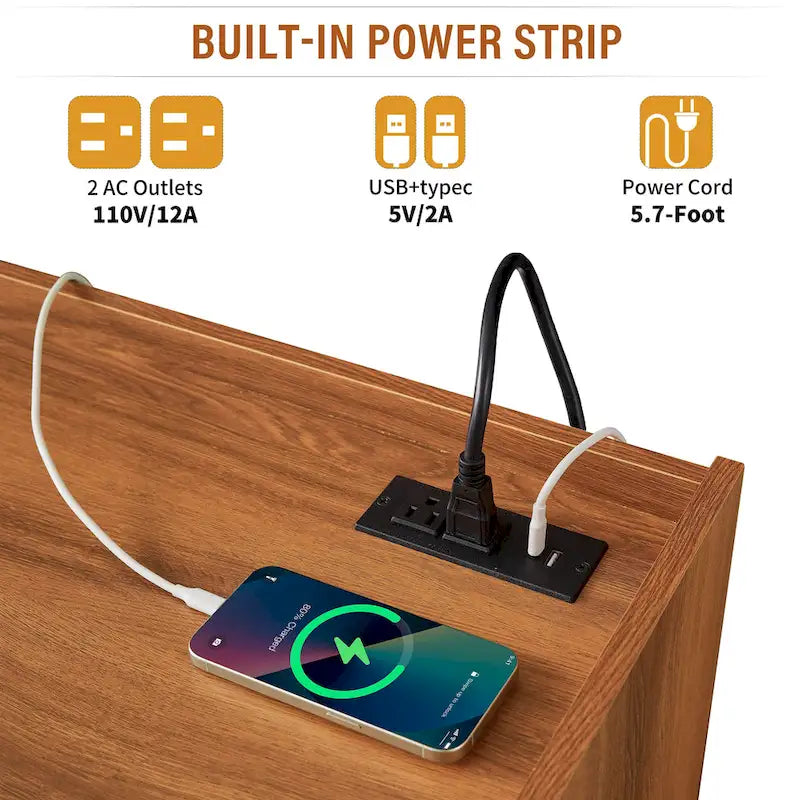 Meuble TV moderne avec tiroirs, ports de chargement intégrés et éclairage LED d'ambiance