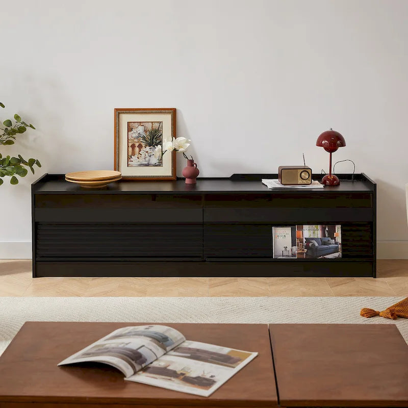 Meuble TV moderne avec tiroirs, ports de chargement intégrés et éclairage LED d'ambiance
