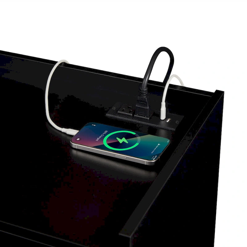 Meuble TV moderne avec tiroirs, ports de chargement intégrés et éclairage LED d'ambiance