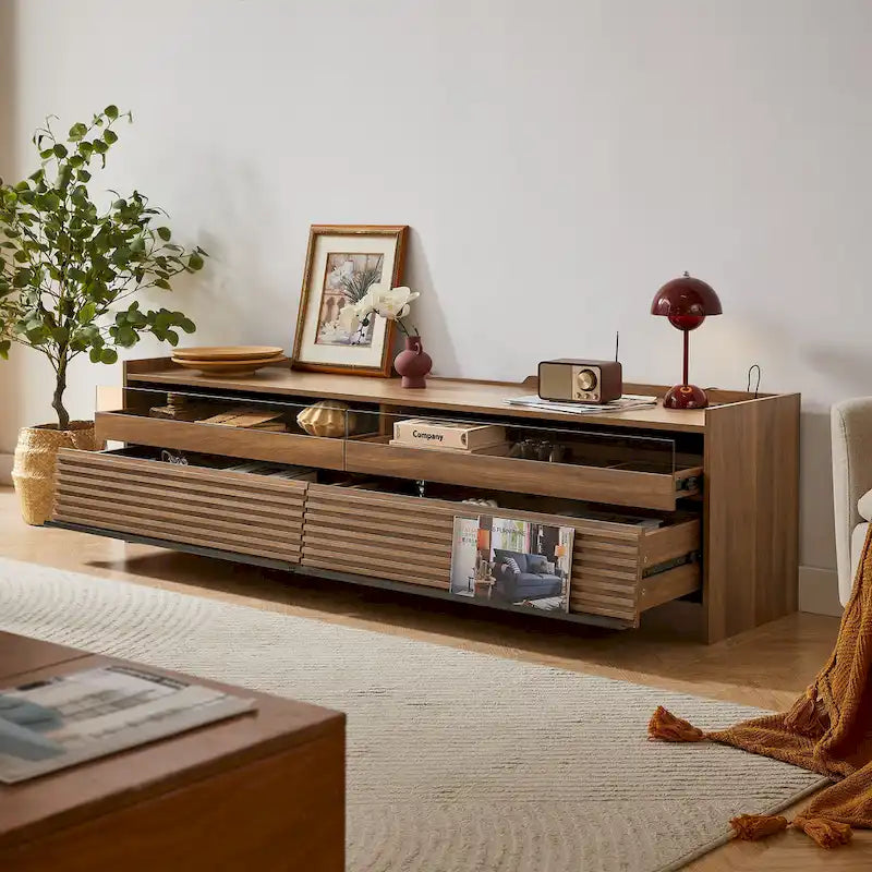 Meuble TV moderne avec tiroirs, ports de chargement intégrés et éclairage LED d'ambiance